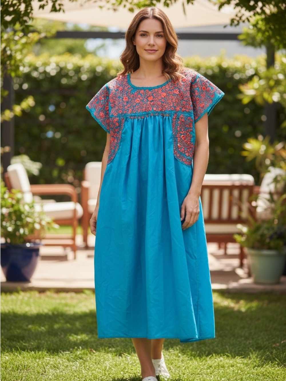 San Antonino Castillo Oaxaca Hand Embroidered Turquoise Floral Maxi Dress